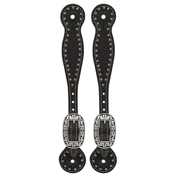 Basketweave Bridle Leather Spur Straps - Narrow Black