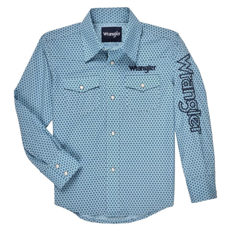 Boy's Wrangler Logo LS Snap Shirt - Blue Boy's Wrangler Logo LS Snap Shirt - Blue