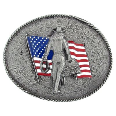 Belt Buckle - Oval Cowgirl with American Flag