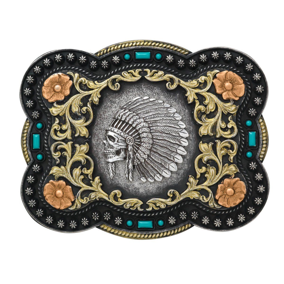 Belt Buckle - Nocona Rectangle Indian Chief Skull