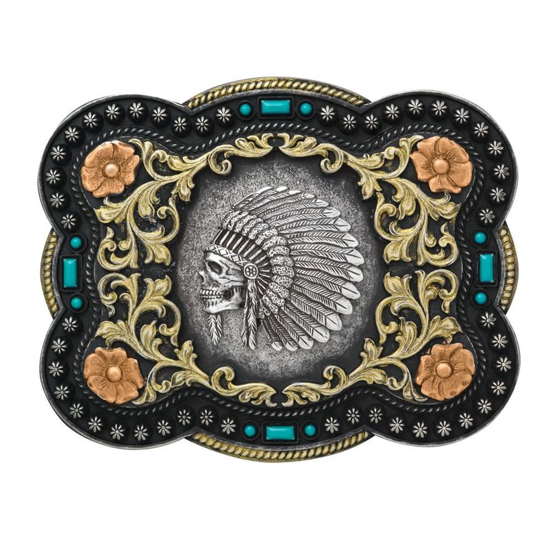 Belt Buckle - Nocona Rectangle Indian Chief Skull Belt Buckle - Nocona Rectangle Indian Chief Skull