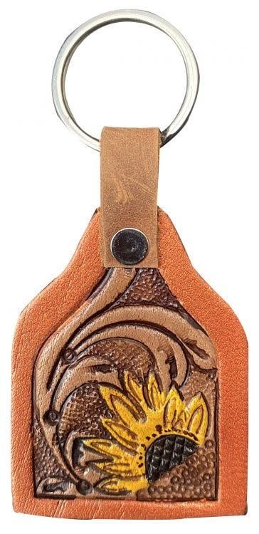 Key Chain - Cow Tag Fob with Tooled Sunflower