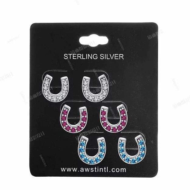 Sterling Silver Crystal Horse Shoes Earrings - Three Pair