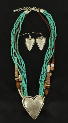 Set - Necklace/Earrings Heart Pendant on Multi Strands