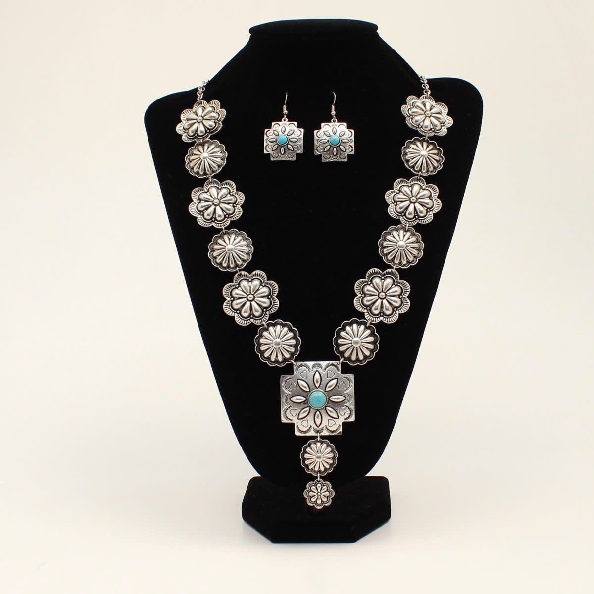 Set - Necklace/Earrings Flower Conchos and Turquoise