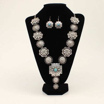 Set - Necklace/Earrings Flower Conchos and Turquoise