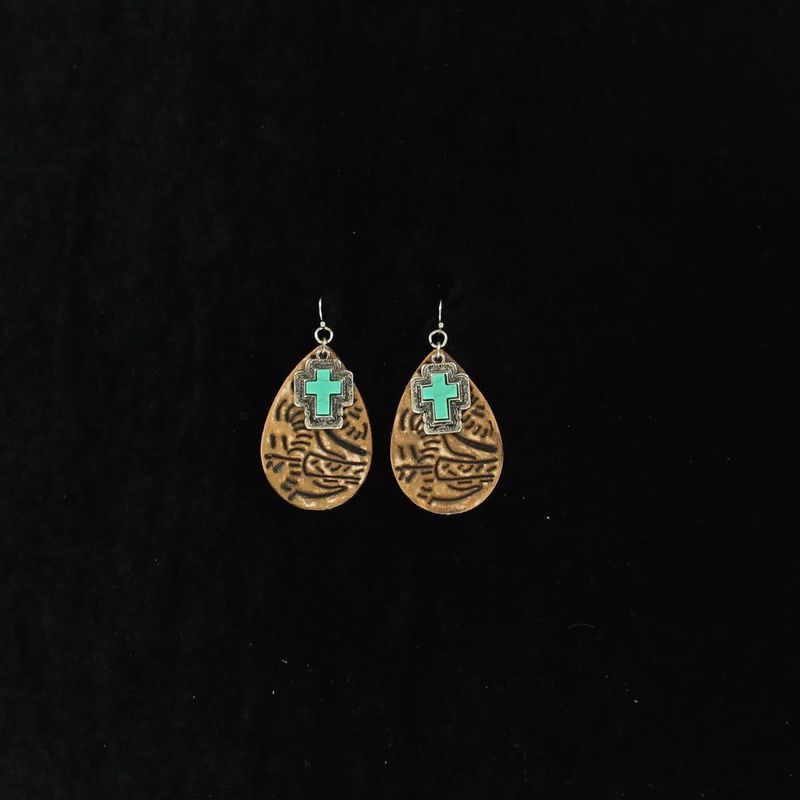 Earrings - Leather Teardrop and Turquoise Cross
