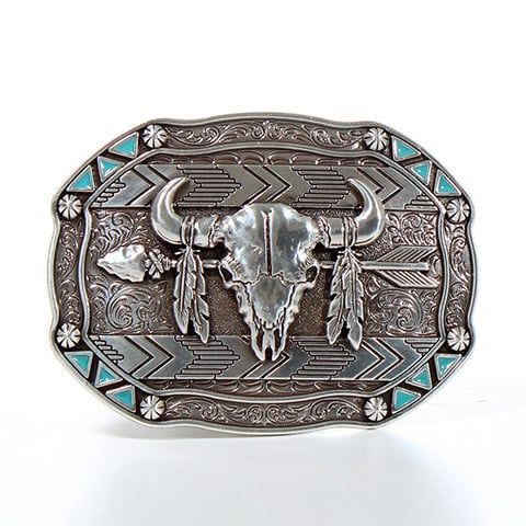 Belt Buckle - Arrow & Buffalo Skull with Feathers