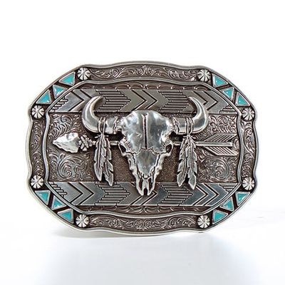 Belt Buckle - Arrow & Buffalo Skull with Feathers