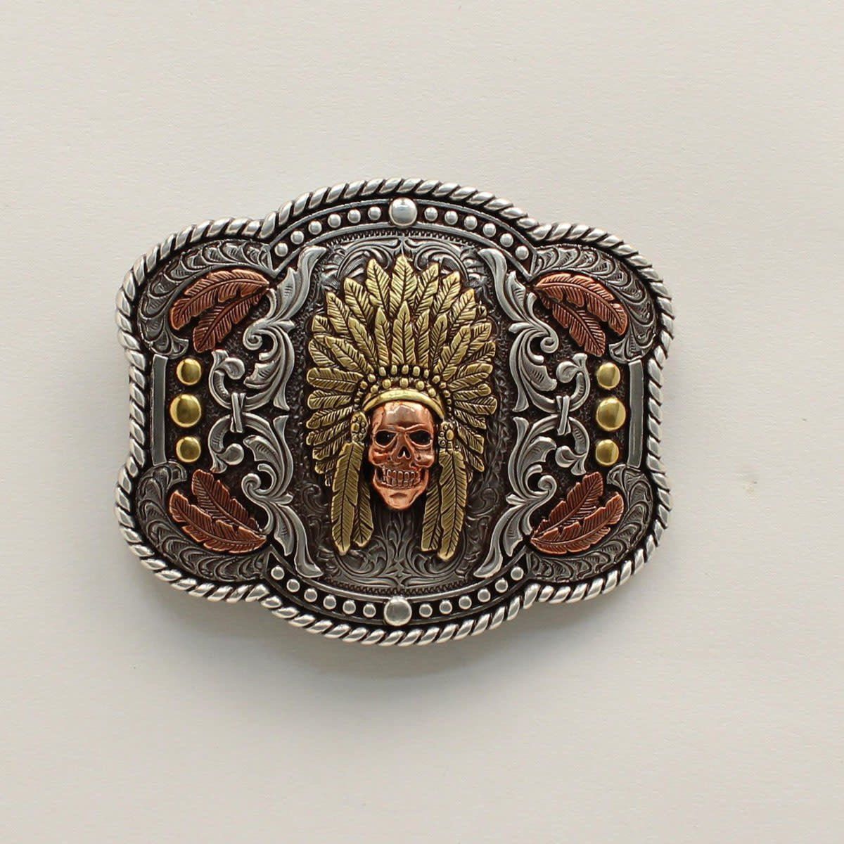 Belt Buckle - Rope Edge Feather Skull Chief