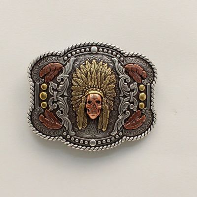 Belt Buckle - Rope Edge Feather Skull Chief