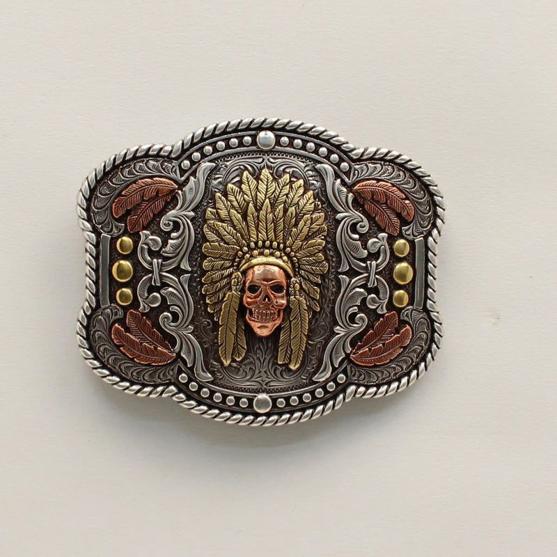 Belt Buckle - Rope Edge Feather Skull Chief Belt Buckle - Rope Edge Feather Skull Chief