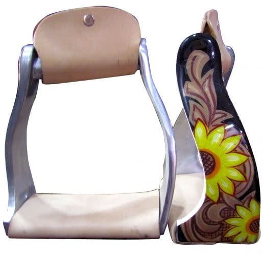 Twisted Angled Aluminum Western Stirrups with Sunflowers and Leather Motif