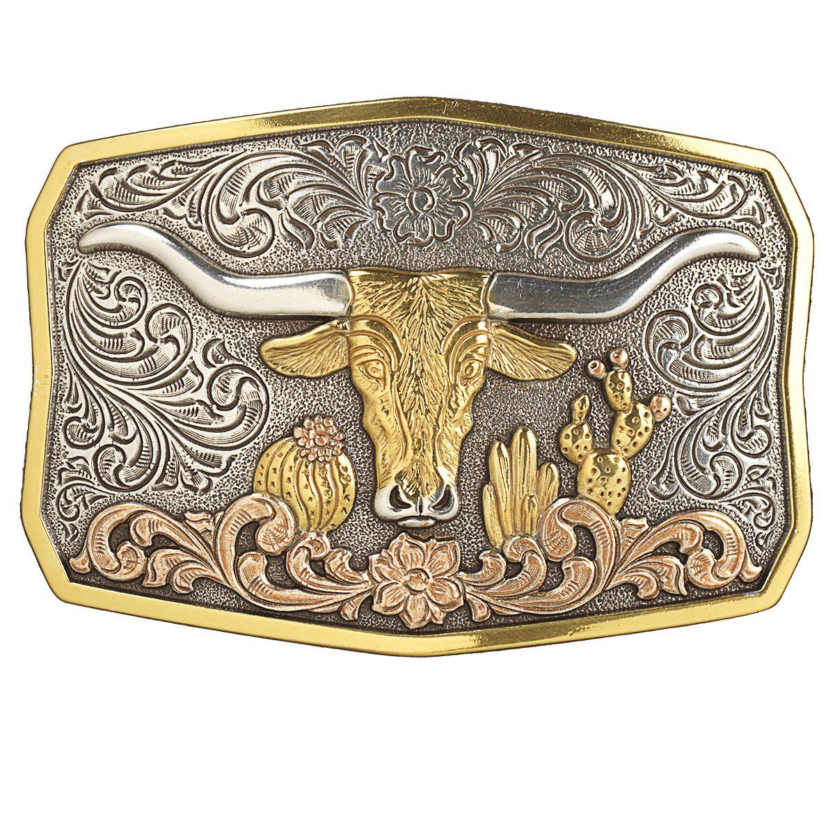 Belt Buckle - LongHorn Cactus Antique Silver and Antique Gold