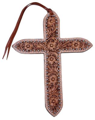 Floral Tooled Leather Tie On Cross