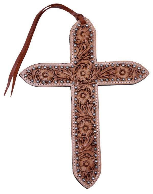 Floral Tooled Leather Tie On Cross