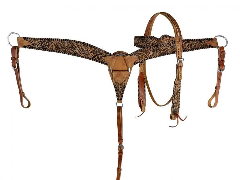 Browband Leather Headstall, Breast Collar and Reins Set