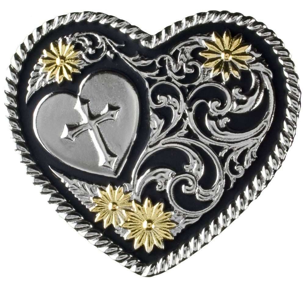Belt Buckle - Heart, Cross, Gold Petals, Rope Edge