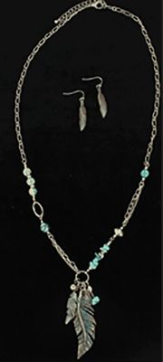 Set - Necklace/Earrings - Patina Feathers with Turquoise