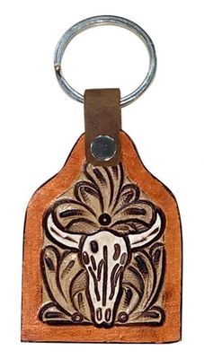 Key Chain - Cow Tag Fob with Tooled Cow Skull