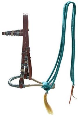 Bosal Bridle - Showman Leather Headstall w/ Nylon Reins - Turquoise