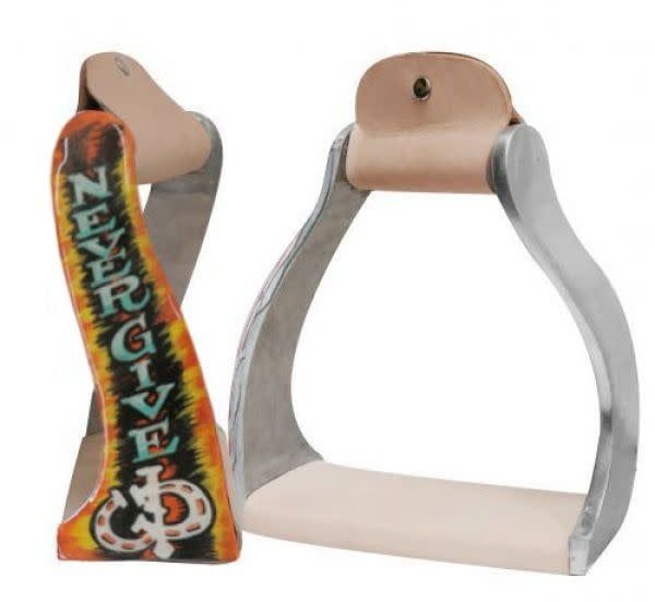 Twisted Angled Aluminum Western Stirrups with "Never Give Up"