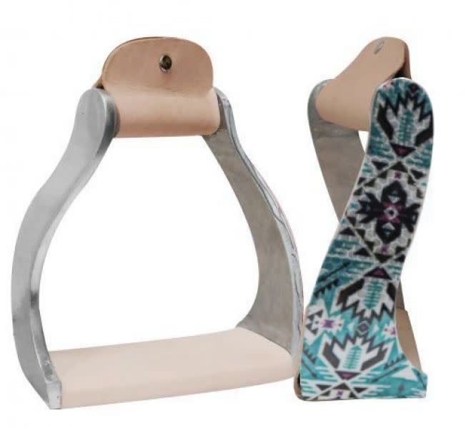 Twisted Angled Aluminum Western Stirrups with Teal Aztec
