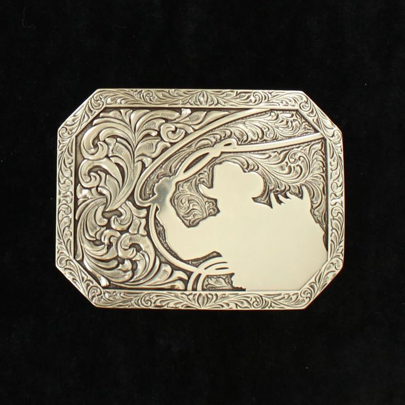 Belt Buckle - Rectangle Roping Cowboy