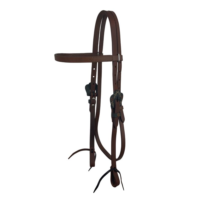Oiled Harness Browband Headstall With Guns and Roses Buckle