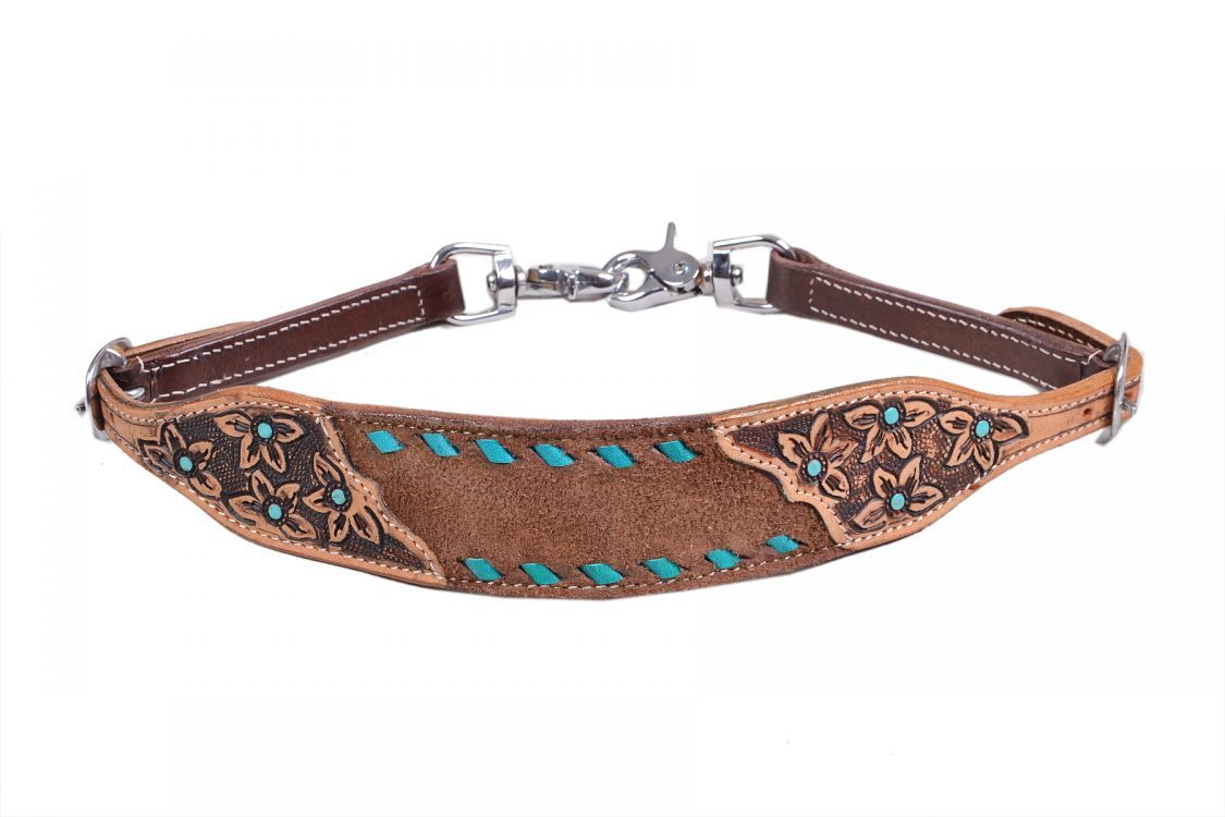 Wither Strap - Chocolate Oiled Rough Out with Teal Buckstitch Trim