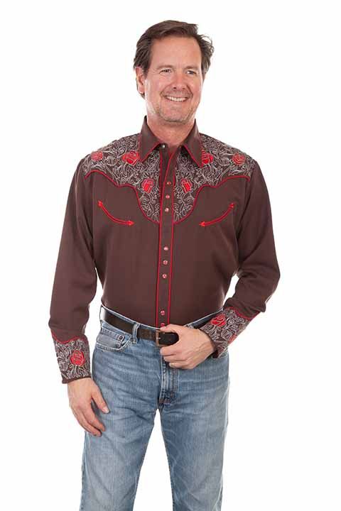 Men's Scully Embroidered Rose Shirt - Chocolate