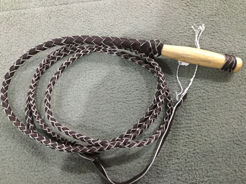 Braided Leather Bull Whip, Wood Handle - 6' Long