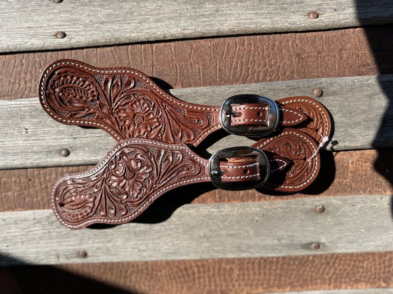 Spur Straps, Chocolate Floral Tooled