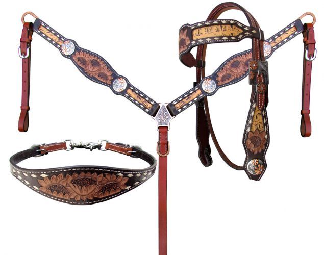 Sunflower Tooled Leather Browband Headstall .......