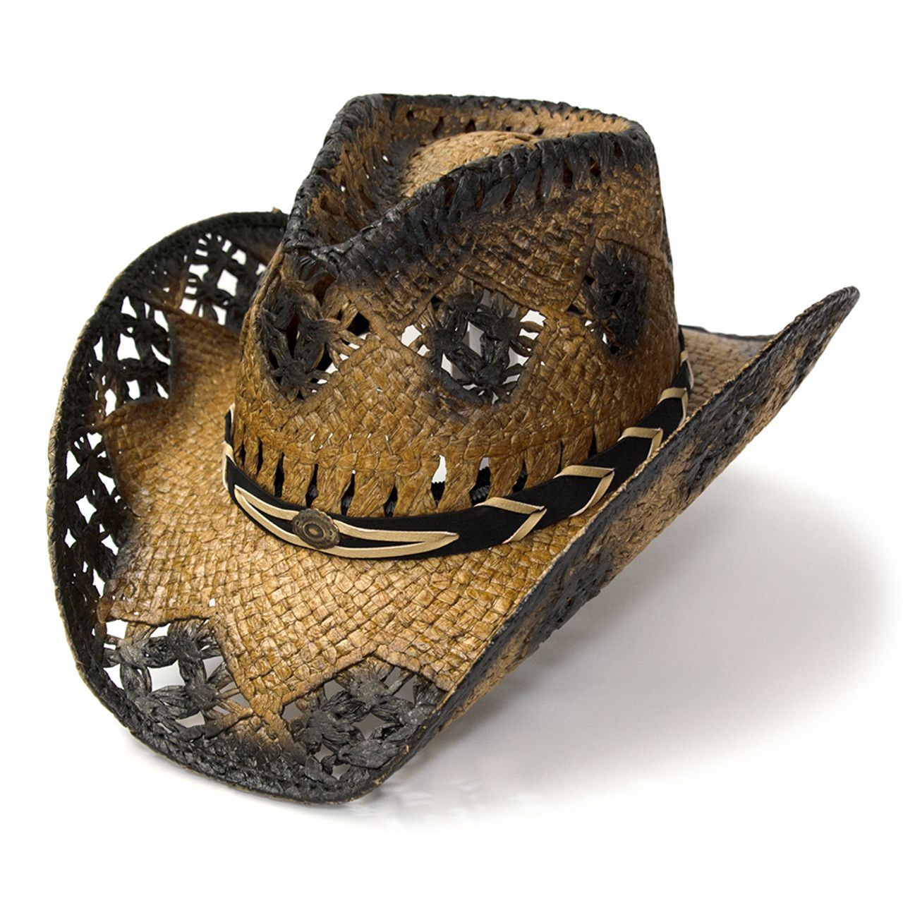 Tan & Dark Brown Straw Western Pinch Front Hat S/M Tan & Dark Brown Straw Western Pinch Front Hat S/M