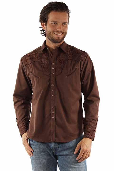 Men's Scully Floral Tooled Snap Front Shirt, Size: L - Mocha