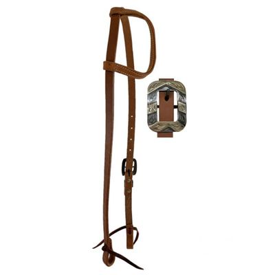 Argentina Cow Leather One Ear Headstall with Silver Engraved Overlay Buckle