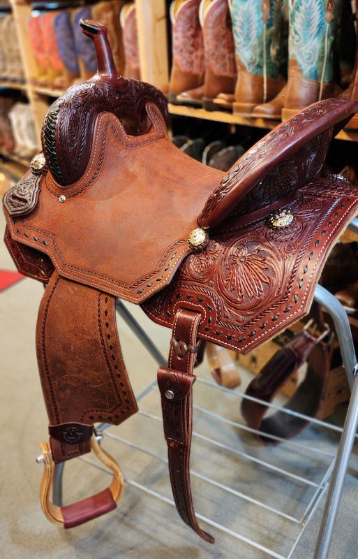 15" Wide Circle L Dark Oiled Buckstitch Tooled Barrel Saddle