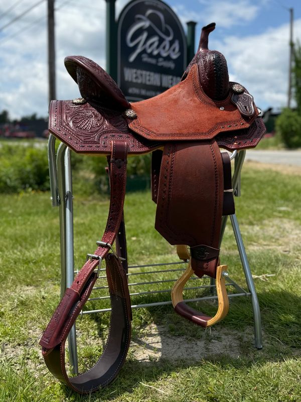 15" Wide Circle L Dark Oiled Buckstitch Tooled Barrel Saddle