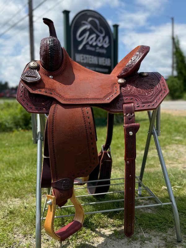 15" Wide Circle L Dark Oiled Buckstitch Tooled Barrel Saddle