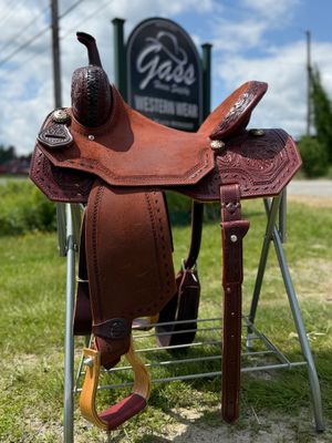 15" Wide Circle L Dark Oiled Buckstitch Tooled Barrel Saddle