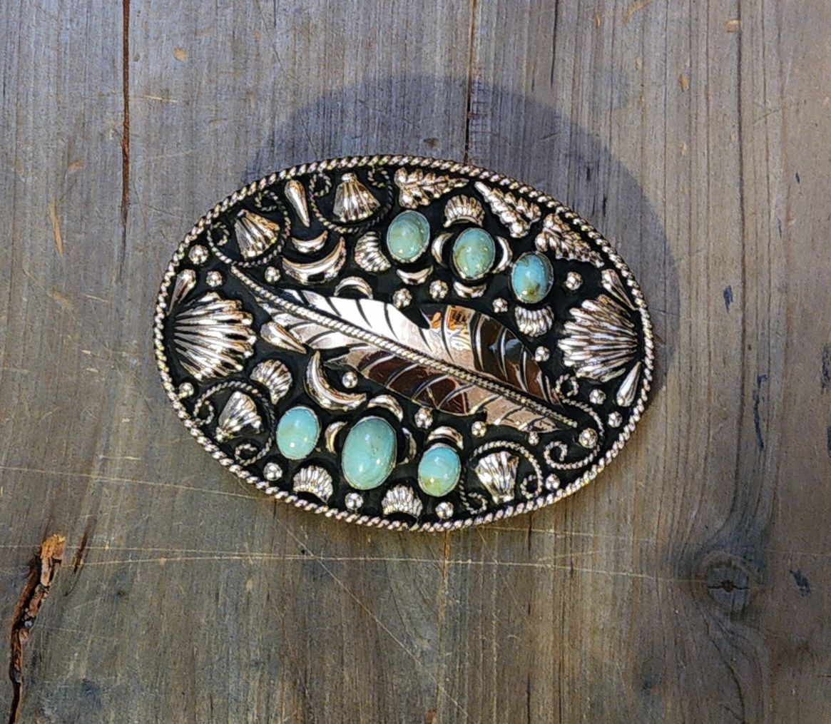 Belt Buckle - Turquoise and Feather