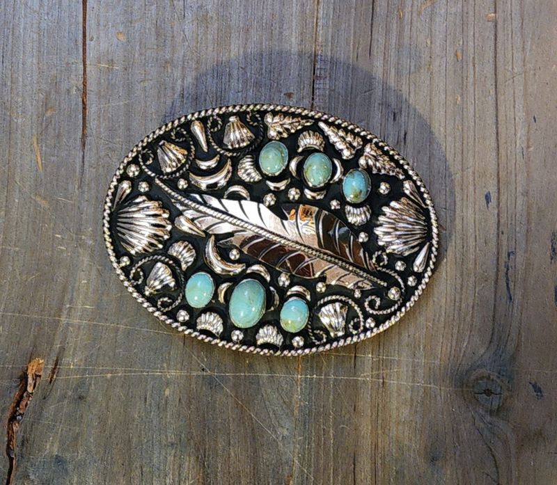 Belt Buckle - Turquoise and Feather