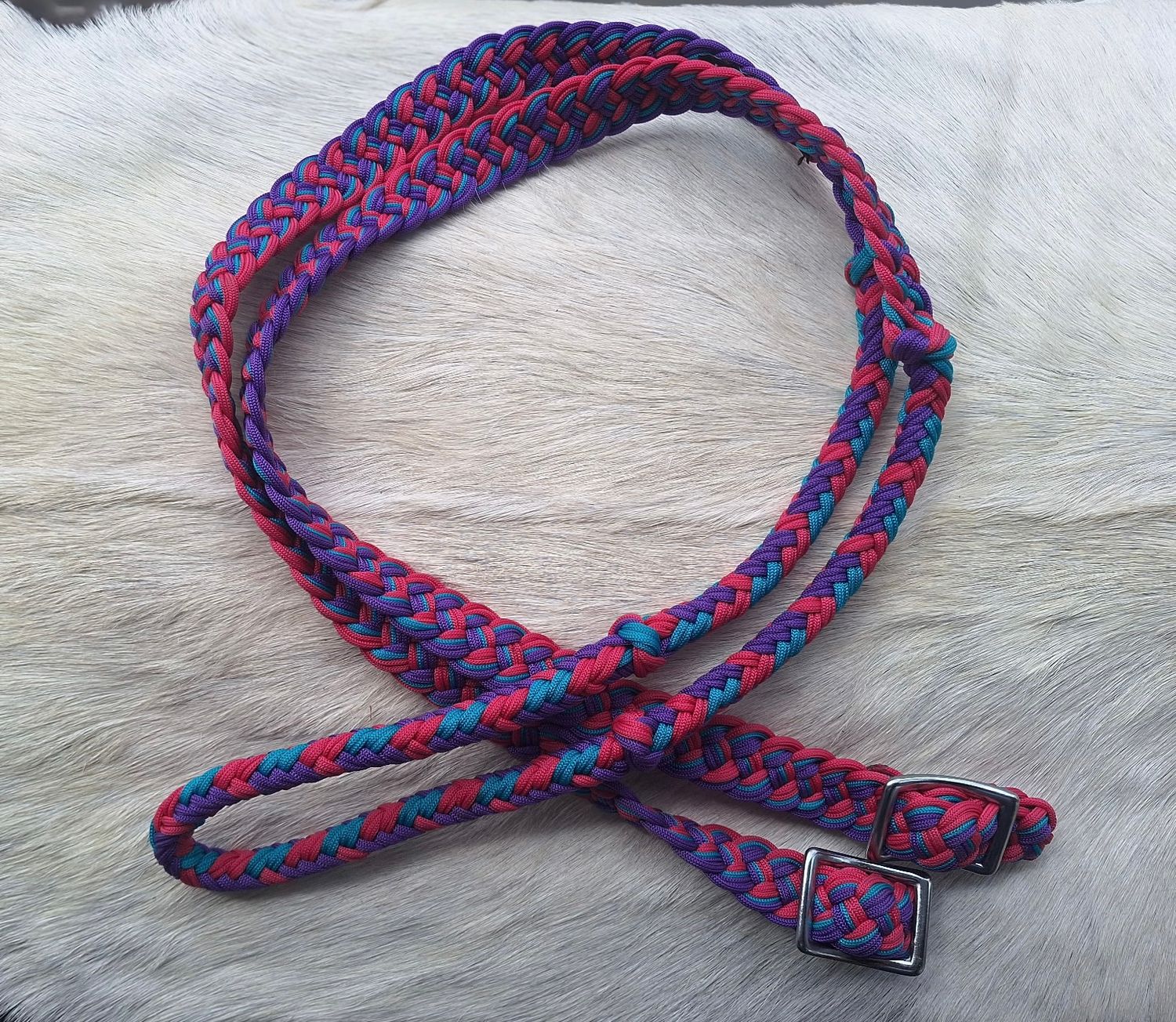 Reins - Braided Nylon Josey Reins, Color: Pink/Purple/Teal