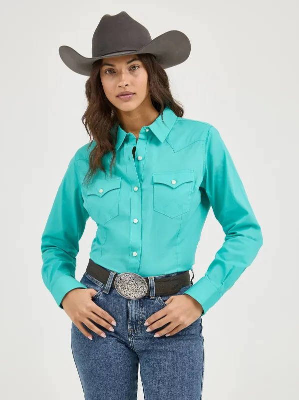 Women's Wrangler Retro® Long Sleeve Solid Shirt - Bright Aqua