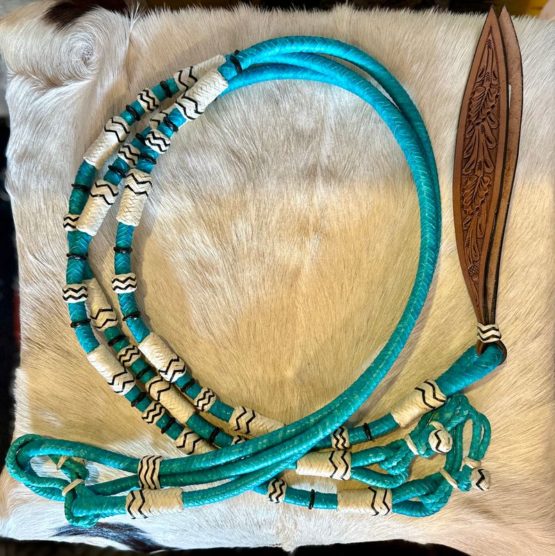 Braided Teal & White Rawhide Romal Reins with Leather Popper