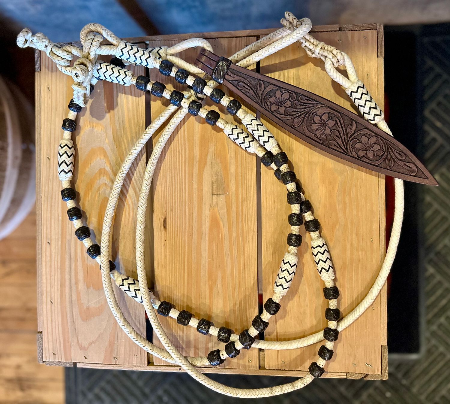 Braided Natural Rawhide Romal Reins with Leather Popper