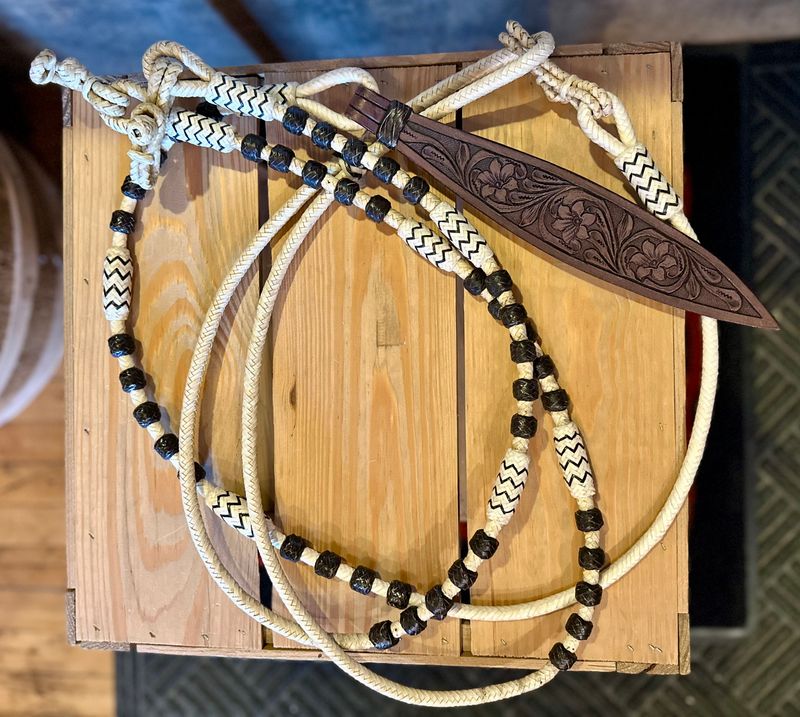 Braided Natural Rawhide Romal Reins with Leather Popper
