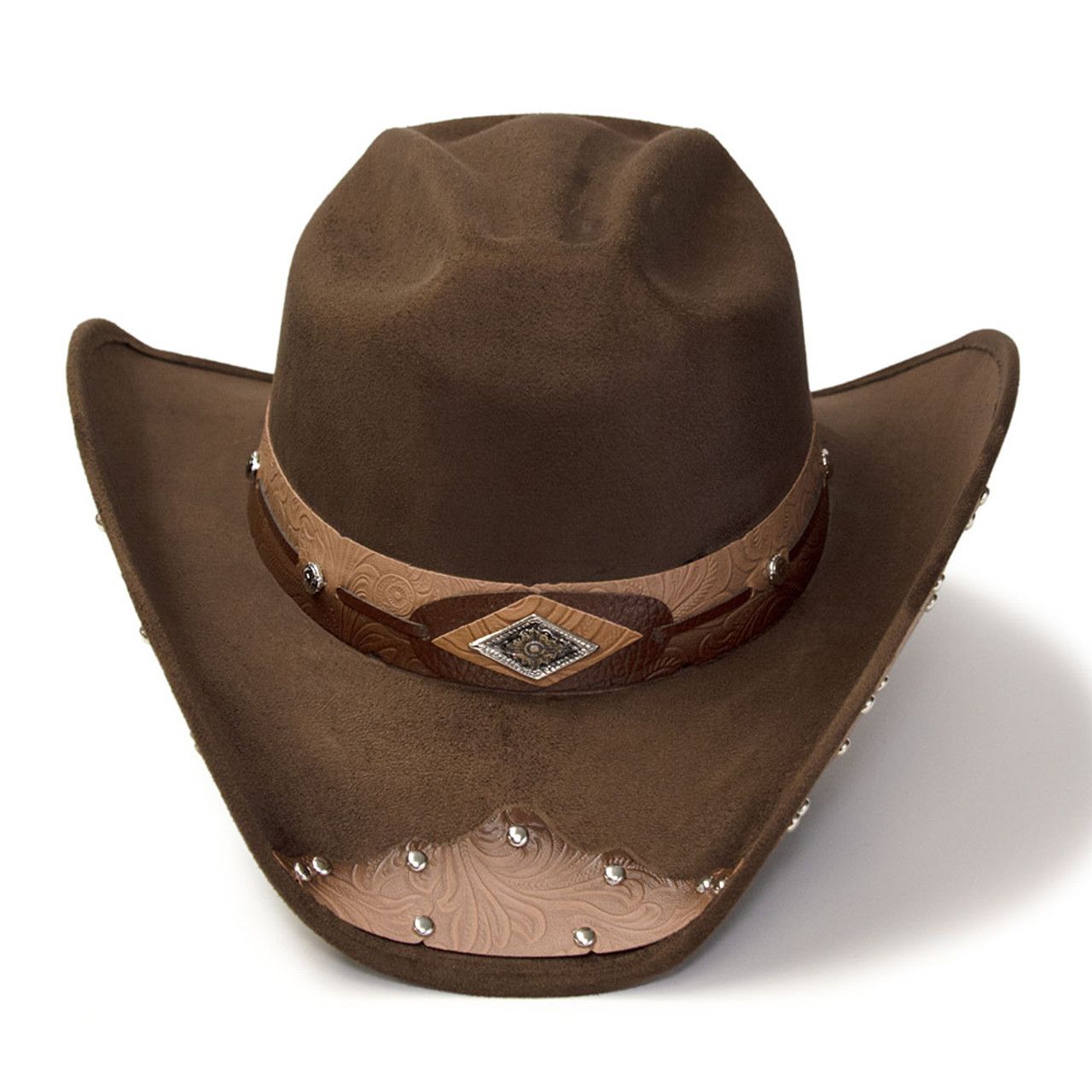 Suede Like  Hat - Cattleman - Brown w/Tooled Hat Band & Leather Sides