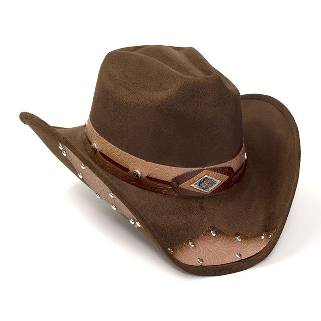 Suede Like  Hat - Cattleman - Brown w/Tooled Hat Band & Leather Sides